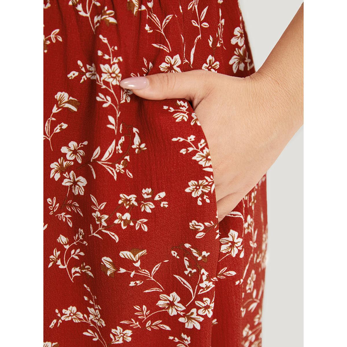 Plus Size Ditsy Floral Crossover Crew Neck Pocket Sleeveless Dress Red Women Elegant Printed Round Neck Sleeveless Curvy Midi Dress BloomChic 14-16/1X Product Image