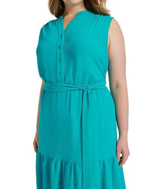 Donna Karan Plus Size V-Neck Button Front Midi Dress Product Image