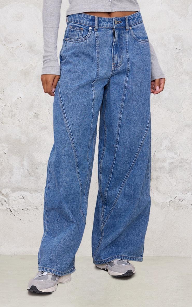 Mid Blue Wash Seam Detail Wide Leg Denim Jeans Product Image