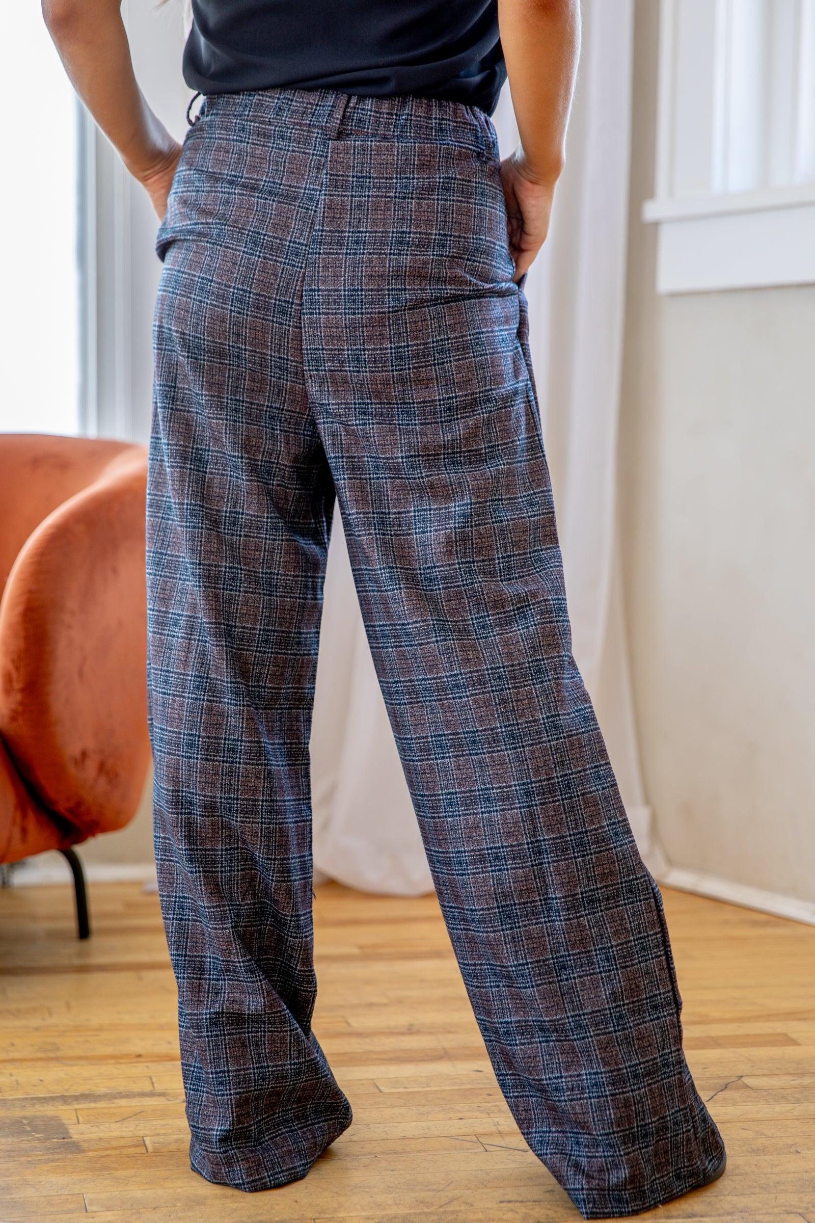 Brown and Navy Plaid Wide Leg Trousers Product Image
