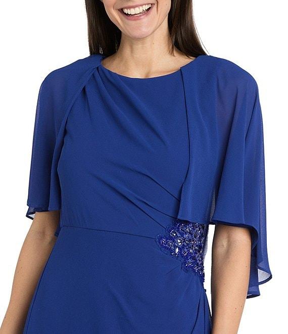 R & M Richards Crew Neck Short Flutter Sleeve Beaded Waist Flower Detail Sheath Dress Product Image