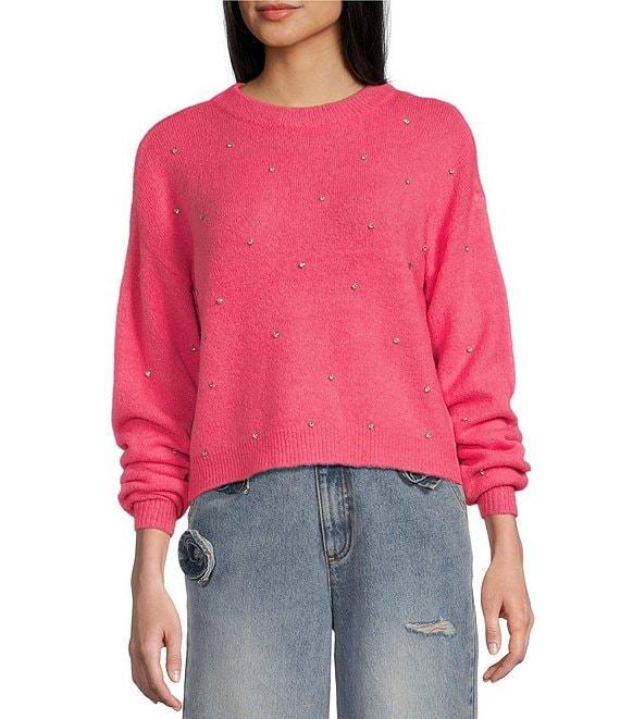 C&V Chelsea & Violet Round Neck Long Sleeve Scattered Rhinestones Sweater Product Image