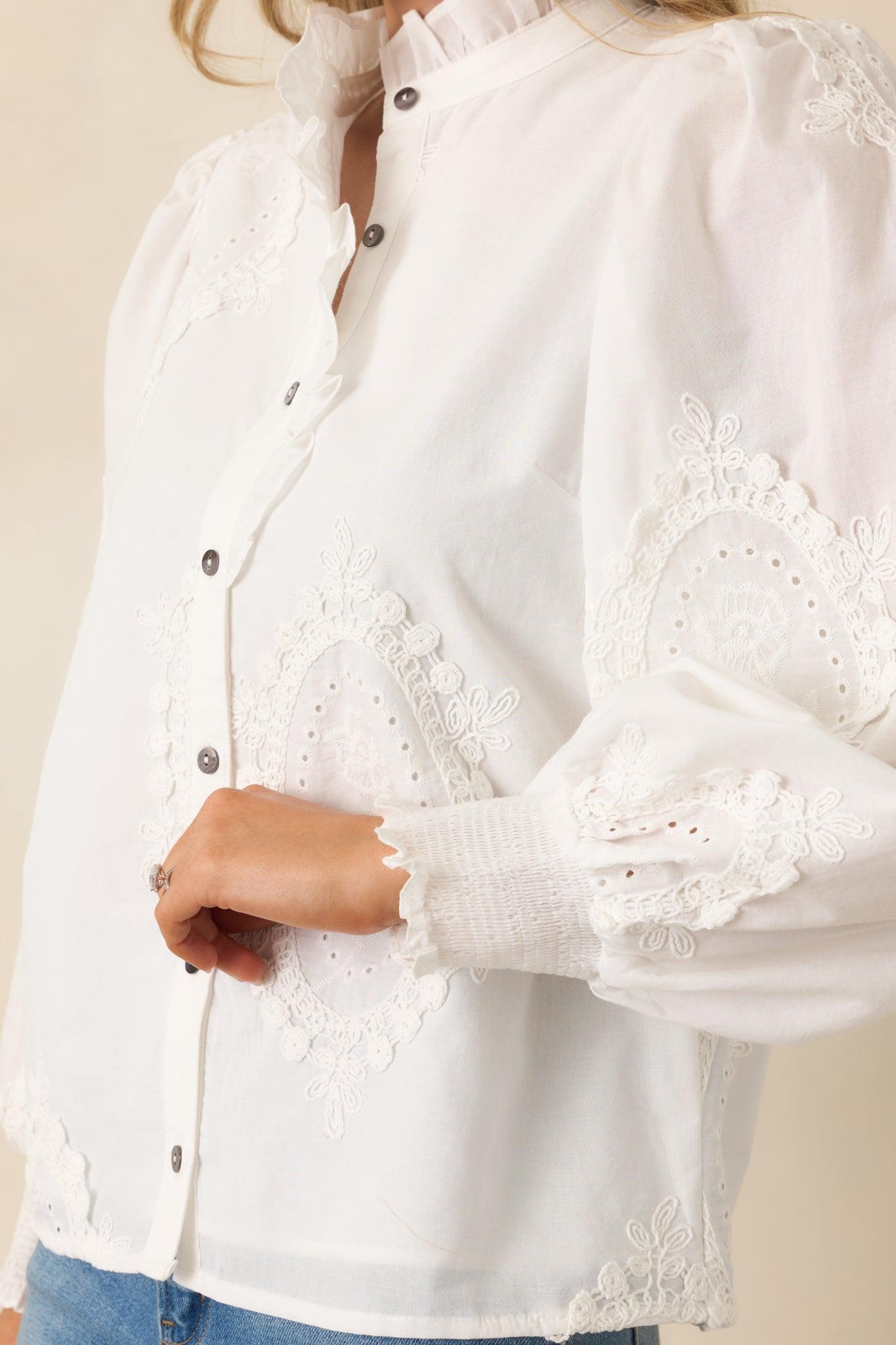 I Will Be Here White Eyelet Appliqué Detail Cotton Long Sleeve Blouse Product Image