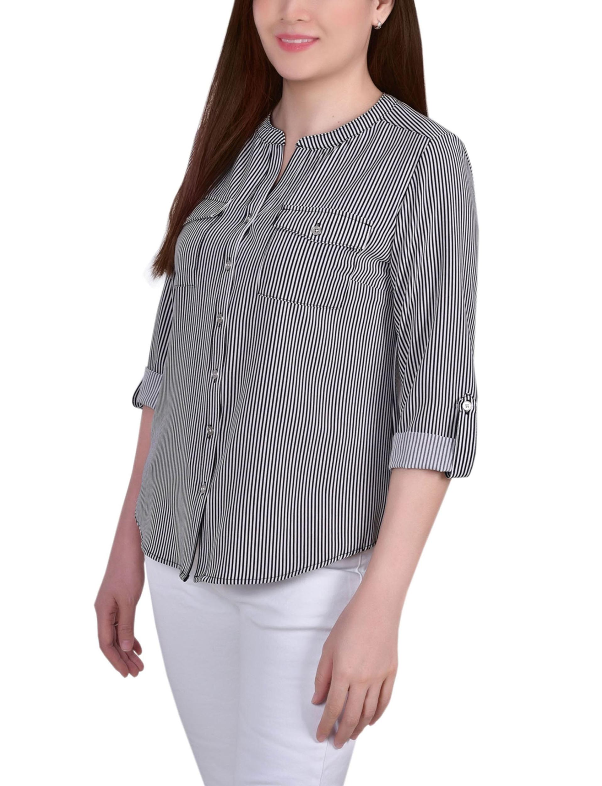 Black White Torterella 3/4 Roll Tab Sleeve Mandarin Collar Blouse - Petite Product Image
