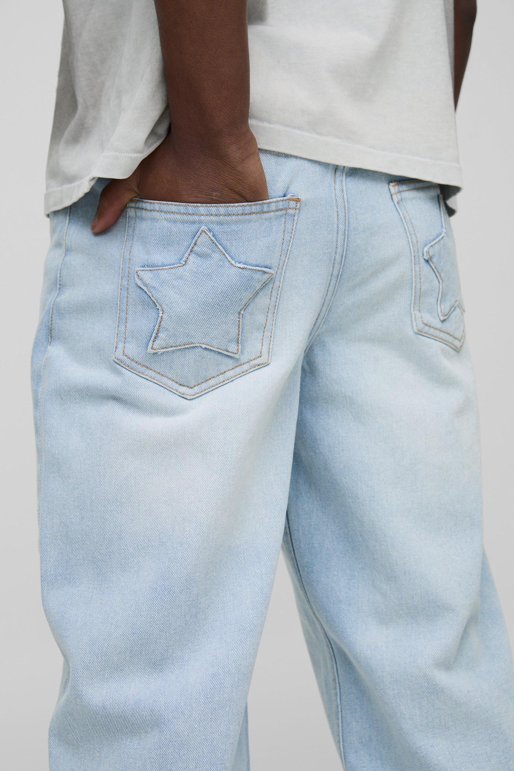 Embroidered Star Pocket Detail Relaxed Fit Jeans | boohooMAN USA Product Image