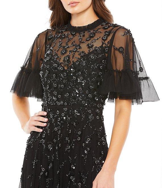 Mac Duggal Ruffled Floral Beaded Illusion Mock Neck Short Flutter Sleeve Gown Product Image
