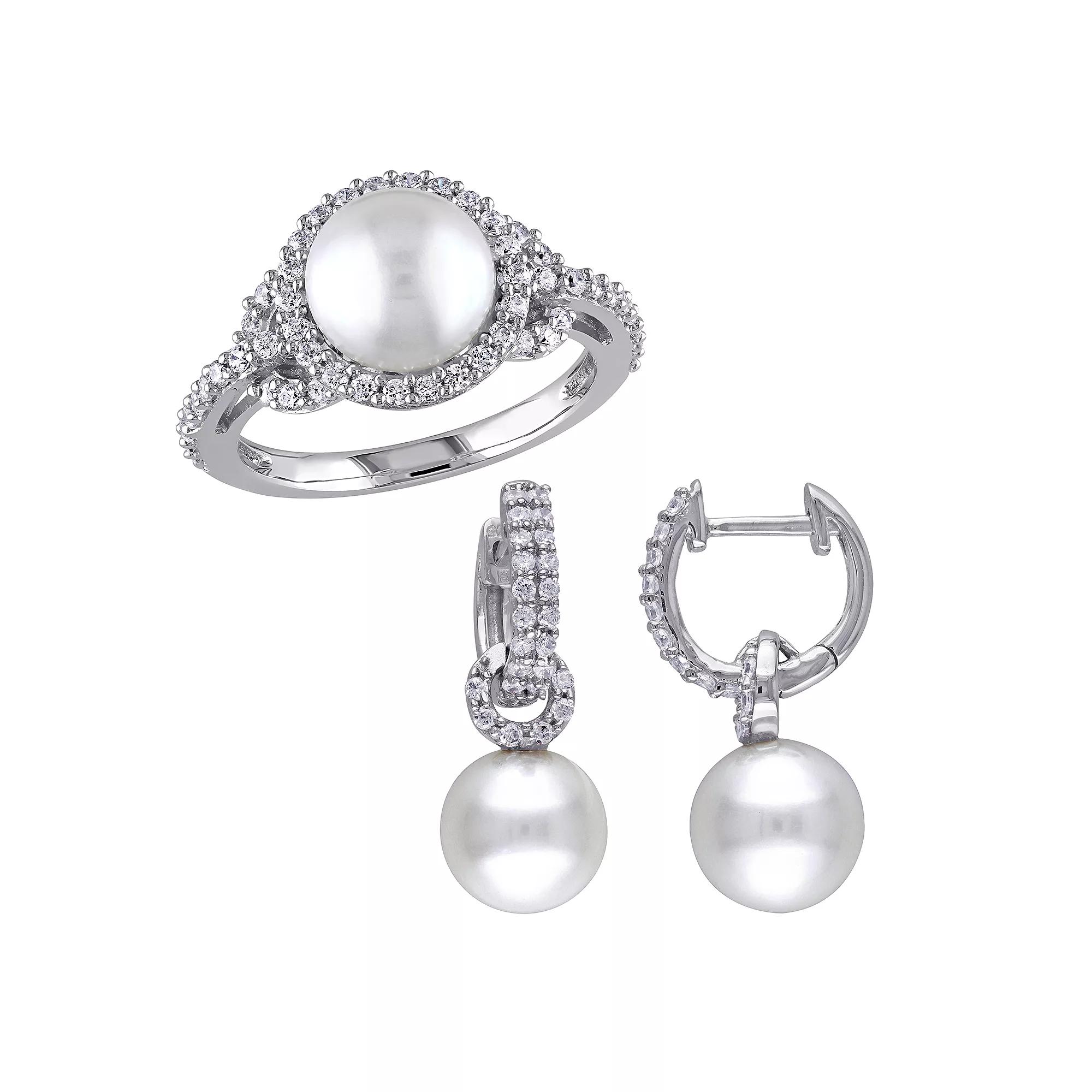 Stella Grace Sterling Silver Freshwater Cultured Pearl & Cubic Zirconia Ring & Earring Set, Womens Product Image