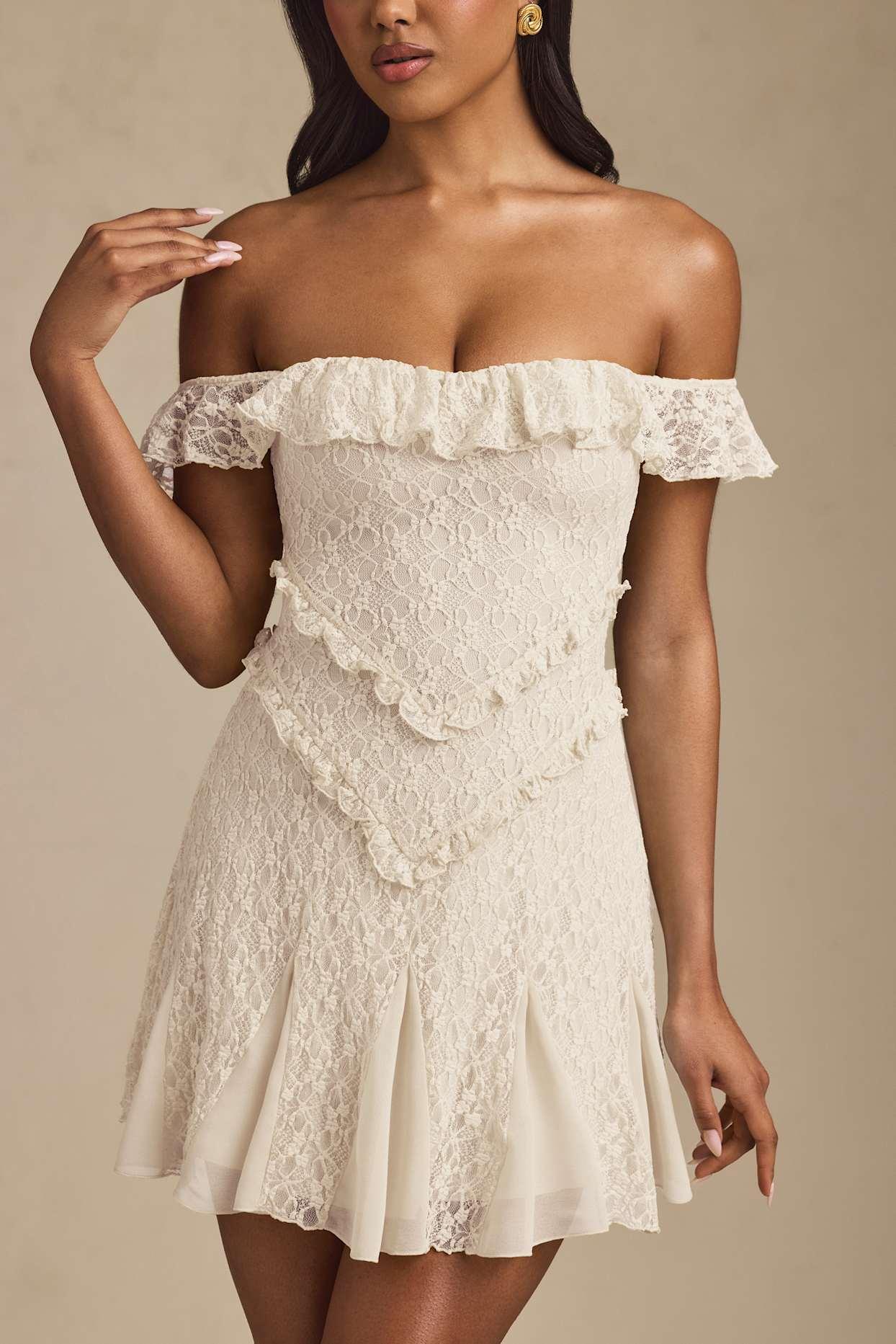 Off-Shoulder Lace A-Line Mini Dress in Ivory Product Image