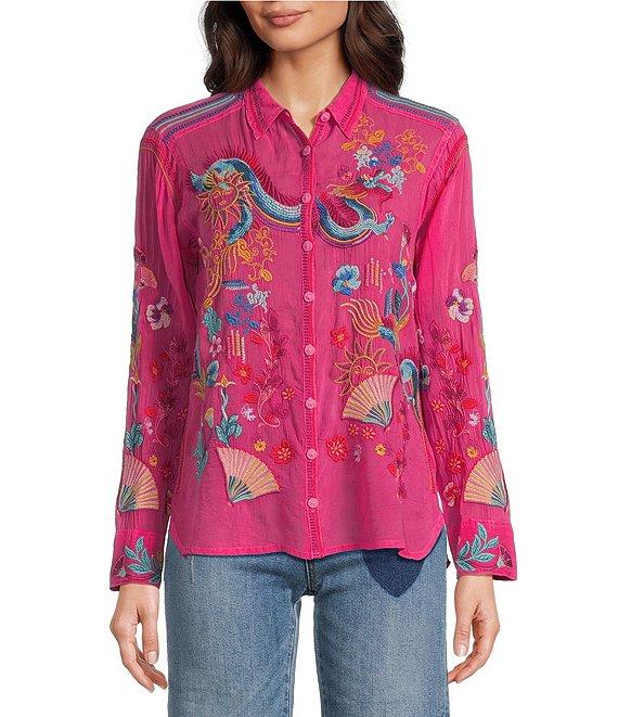 Johnny Was Velouria Embroidered Collar V-Neck Long Sleeve Button Front Blouse Product Image