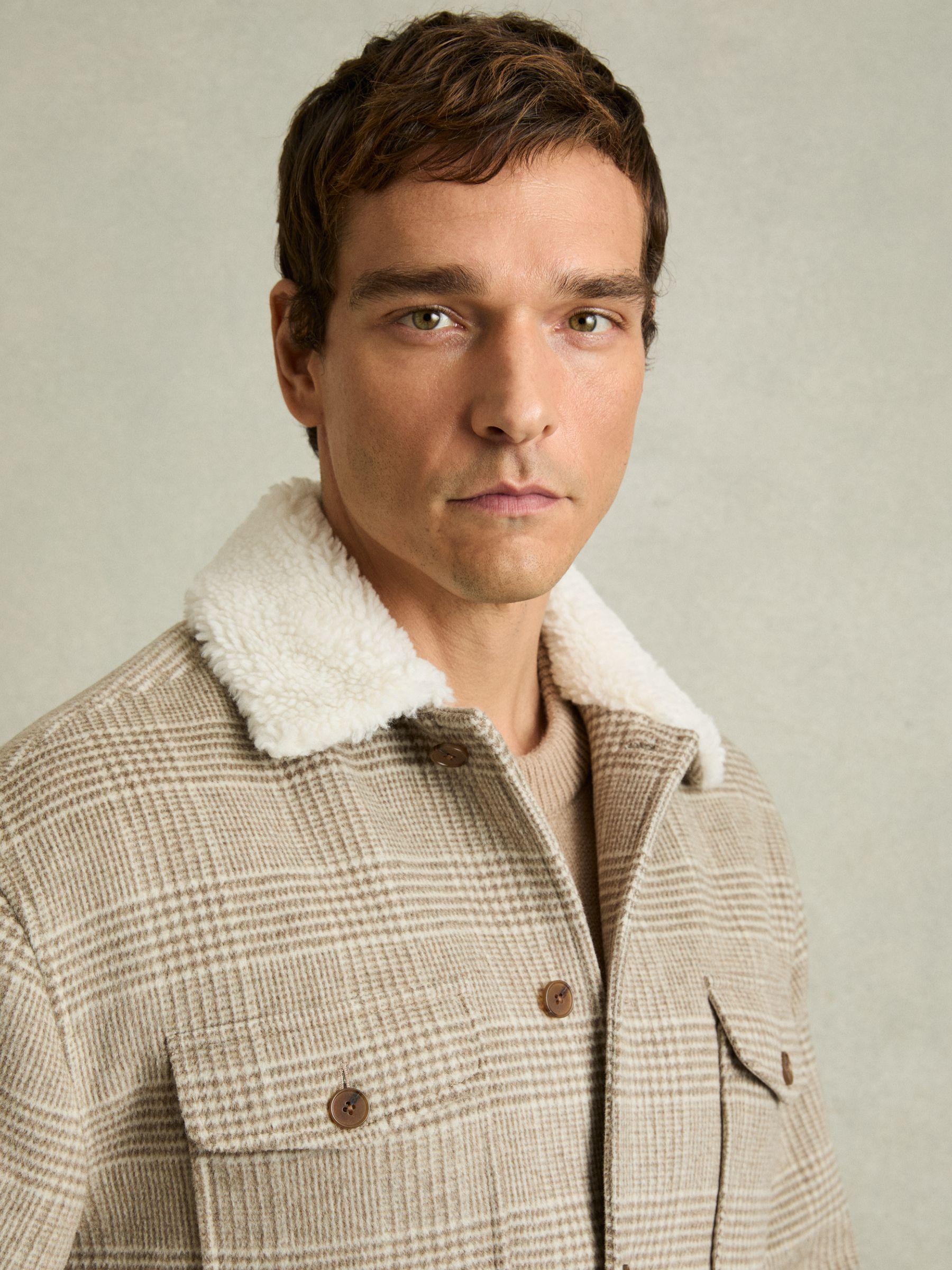 Wool-Blend Borg-Collar Check Overshirt in Oatmeal Product Image