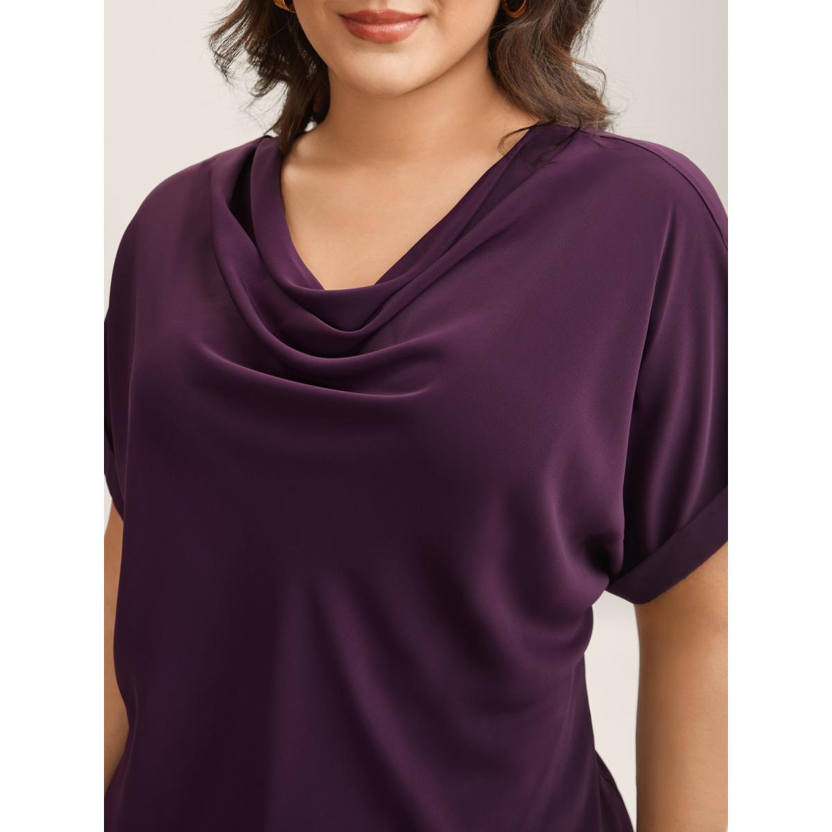 Plus Size Plum Cowl Neck Plain Dolman Sleeve Blouse Women Short sleeve Cowl Neck Work Blouses BloomChic 30/6X Product Image