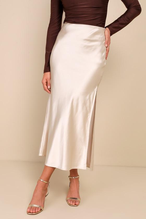 Chic Wishes Champagne Satin Midi Skirt Product Image