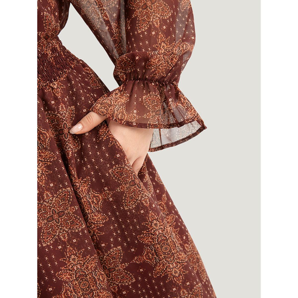 Plus Size Bandana Print Elastic Waist Flutter Trim Dress Scarlet Women Vacation Elastic cuffs V-neck Long Sleeve Curvy Midi Dress BloomChic 14-16/1X Product Image