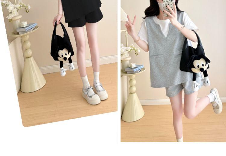 Maternity Set: Short-Sleeve Round Neck Mock Two Piece Tee + High Waist Plain Shorts Product Image