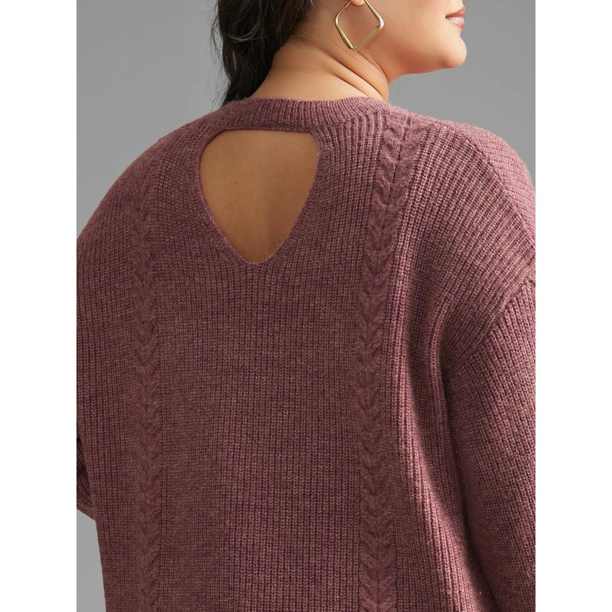 Plus Size Plain Textured Cable Knit Backless Pullover Lilac Women Casual Loose Long Sleeve Round Neck Everyday Pullovers BloomChic 12/L Product Image