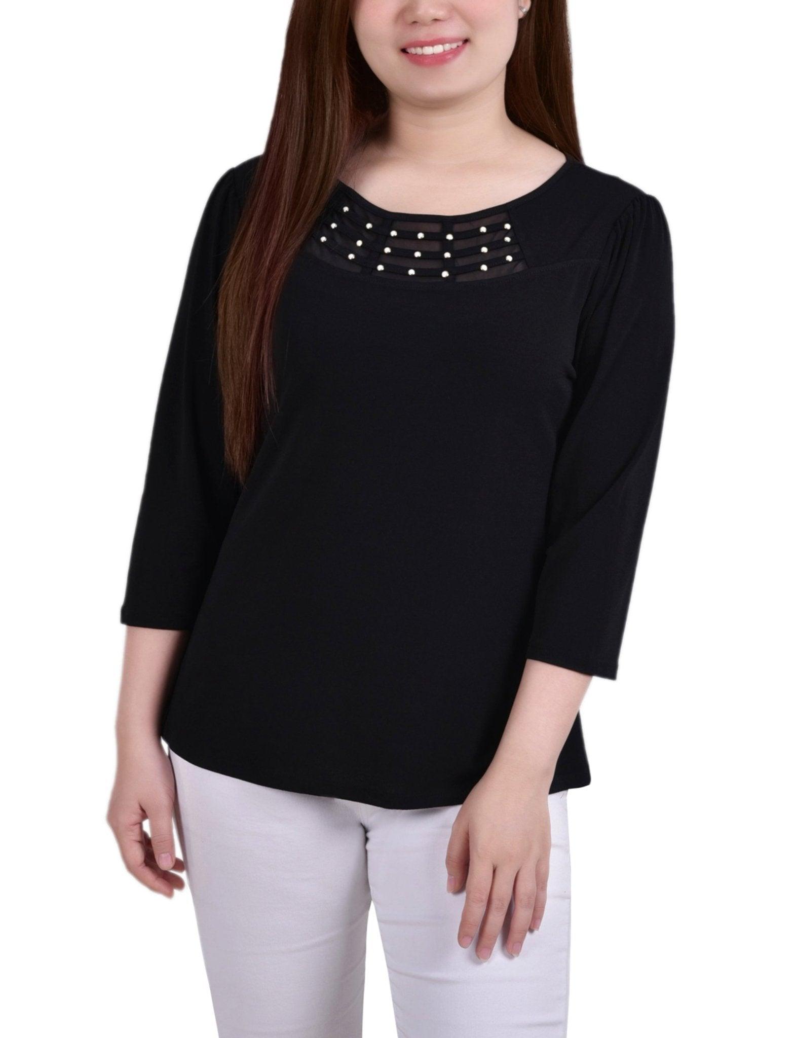 Black 3/4 Crepe Top With Mesh Inset and Studs - Petite Product Image