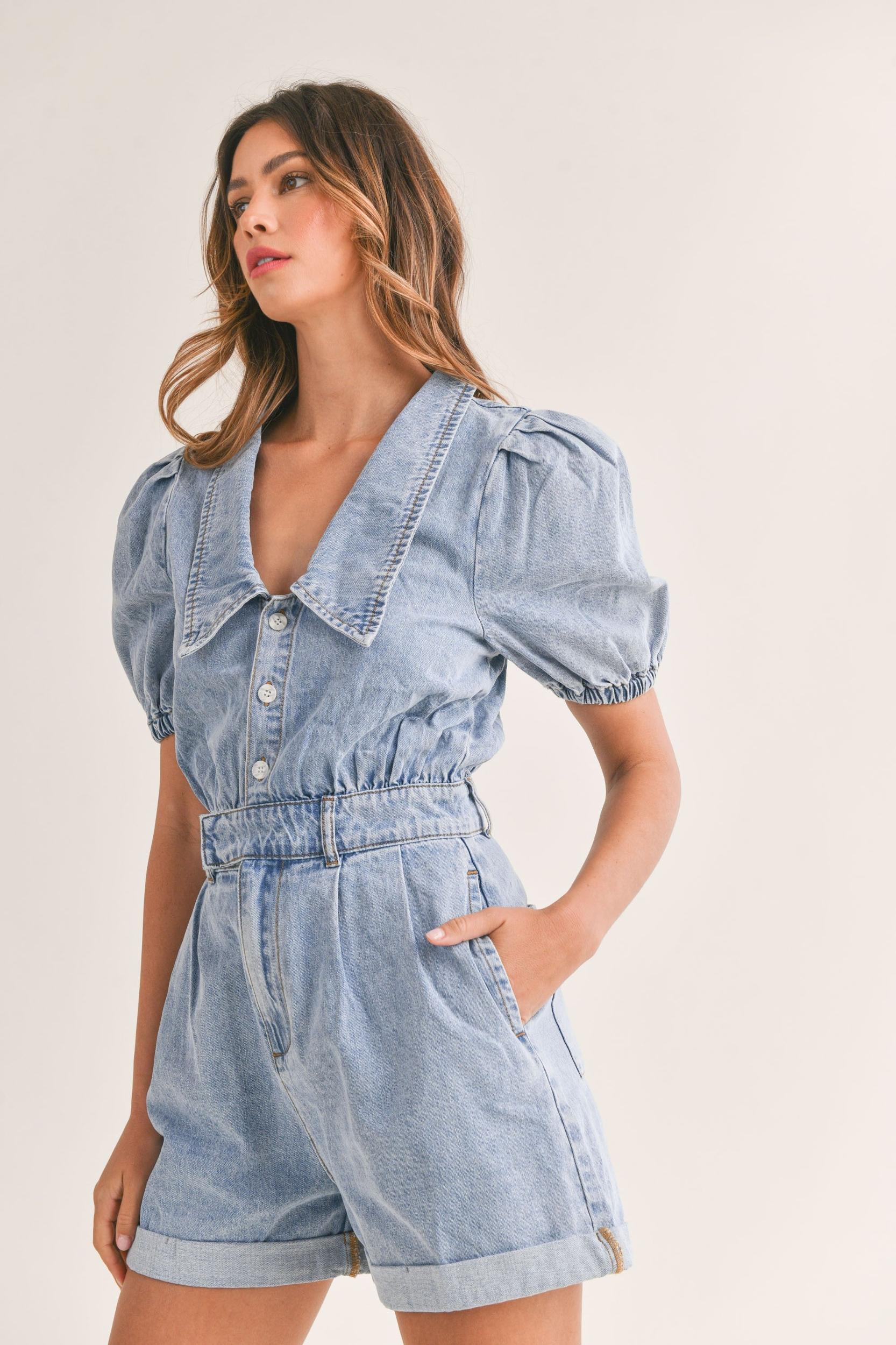 Cute Collared Puff Sleeve Denim Romper Product Image