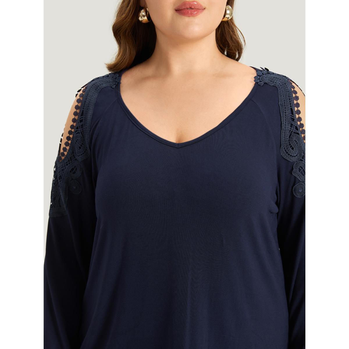 Plus Size Supersoft Essentials Cold Shoulder Eyelet Lace T-shirt Indigo Women Elegant Plain Plain V-neck Dailywear T-shirts BloomChic 14-16/1X Product Image