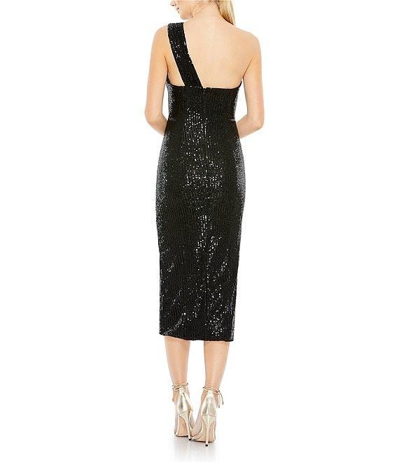 Mac Duggal One Shoulder Strap Sequined Bow Front Sheath Midi Dress Product Image