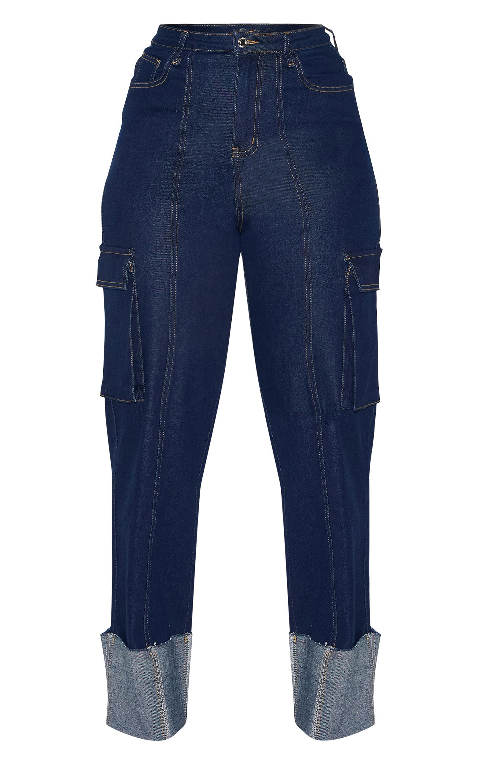 Shape Indigo Stretch Denim Highwaisted Turn Up Hem Cargo Jeans Product Image