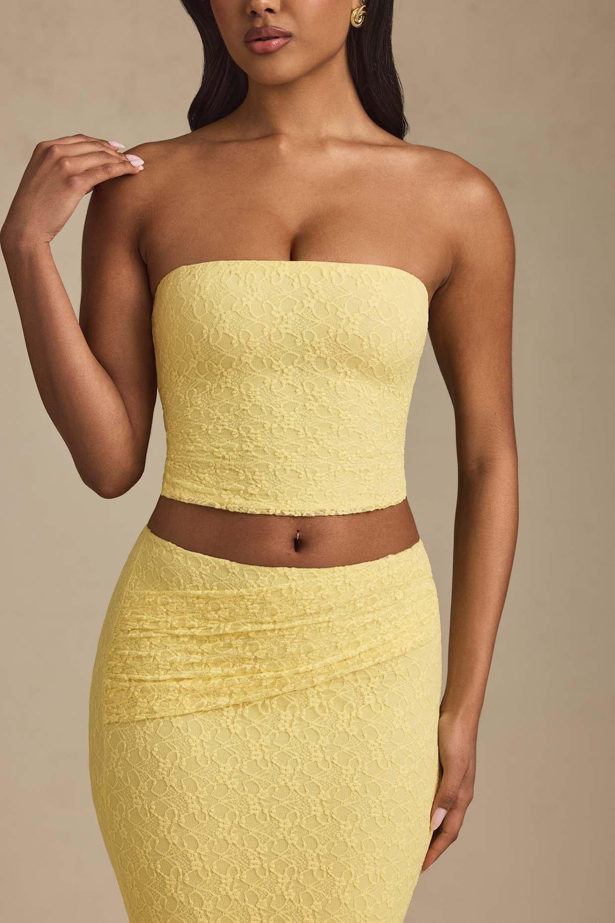 Ruched Strapless Lace Top in Pastel Yellow Product Image