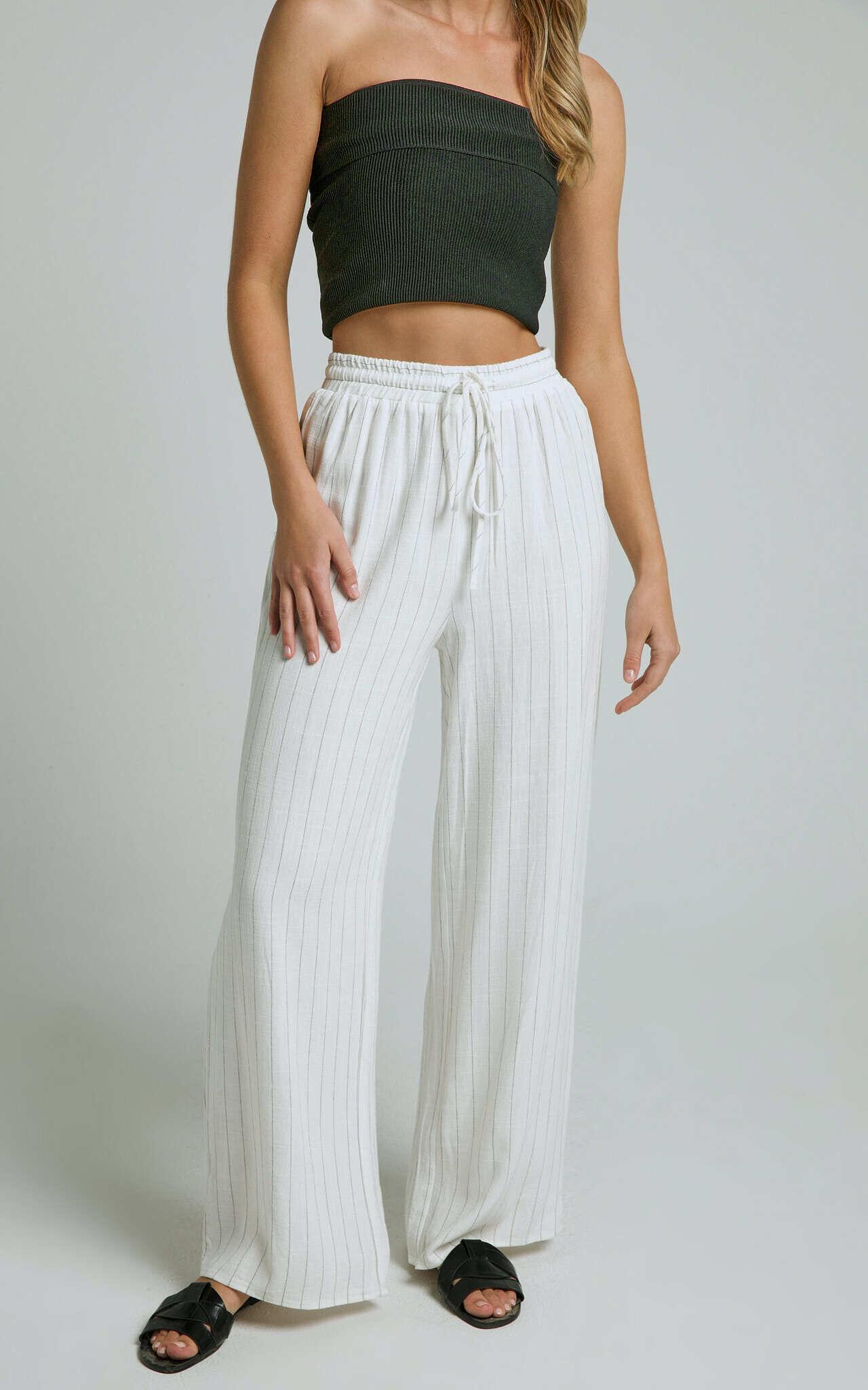 Barbra Pants - Pinstripe Linen High Waisted Relaxed Pants in White Stripe Product Image
