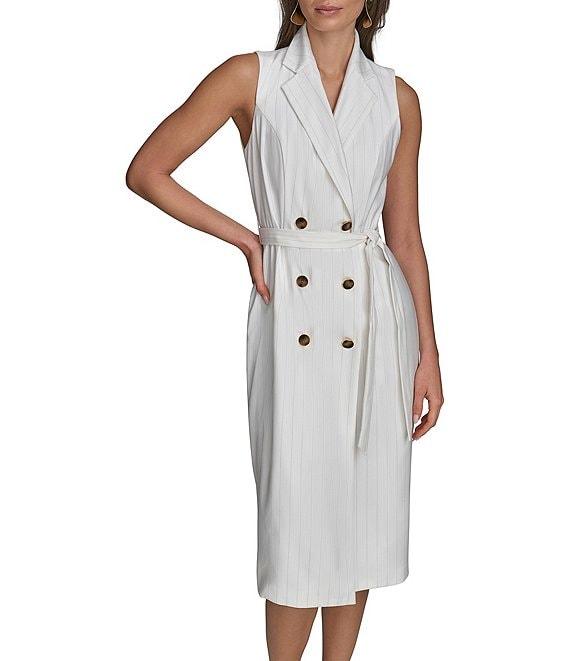 Donna Karan Pinstripe Collared V-Neck Sleeveless Tie Sash Midi Sheath Dress Product Image