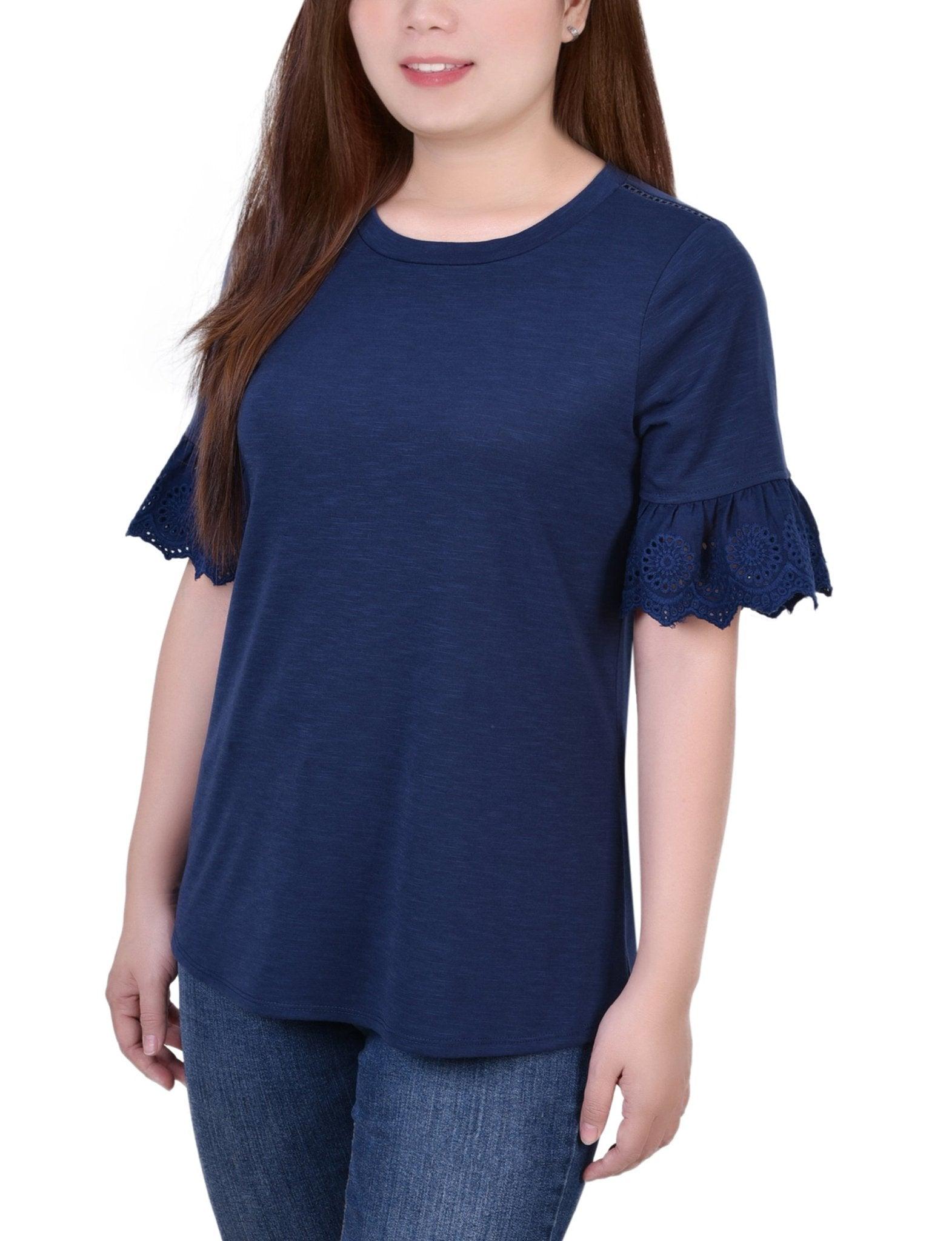 Navy Short Bell Sleeve Slubbed Top - Petite Product Image