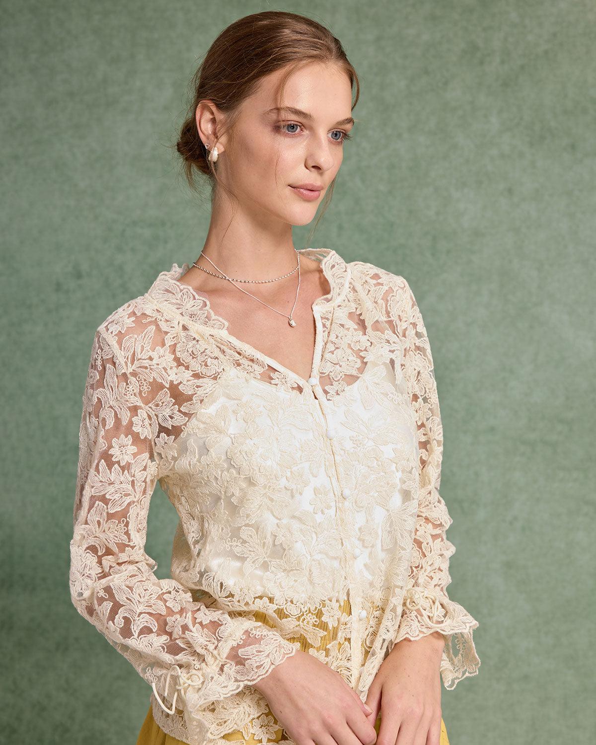 Beige V Neck Ruffle Blouse Product Image