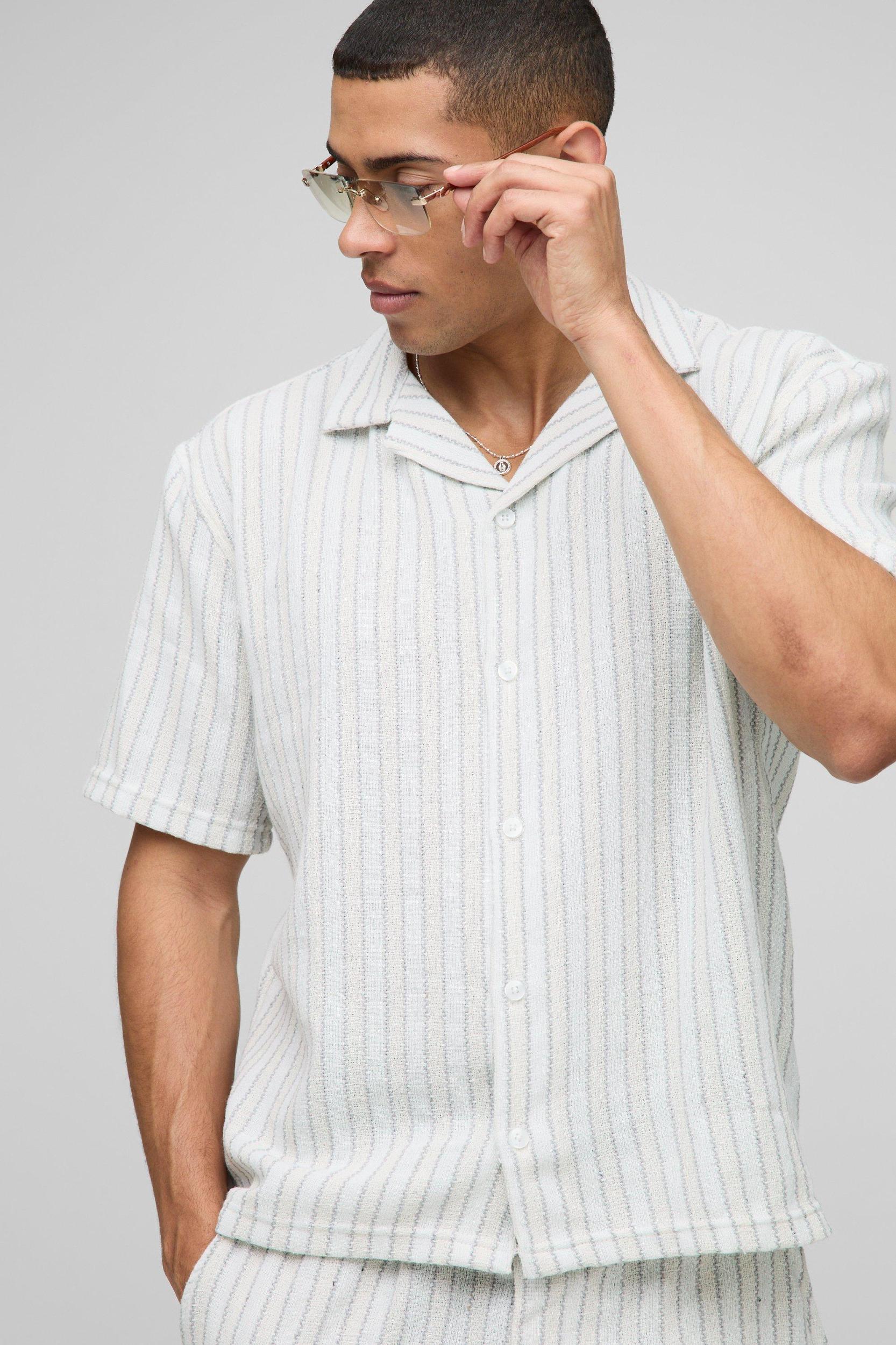Oversized Linen Look Textured Stripe Shirt & Short Set | boohooMAN USA Product Image