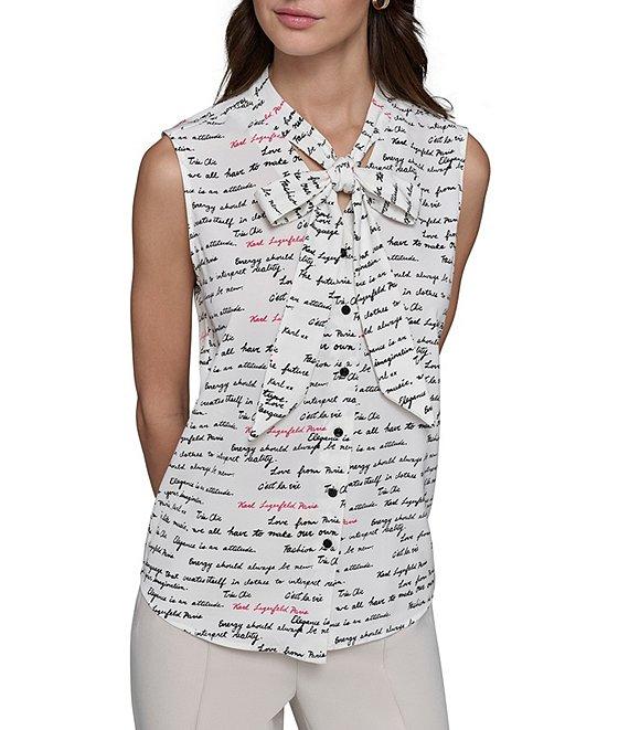 KARL LAGERFELD PARIS Fashion Logo Print Tie Neck Sleeveless Button Front Top Product Image