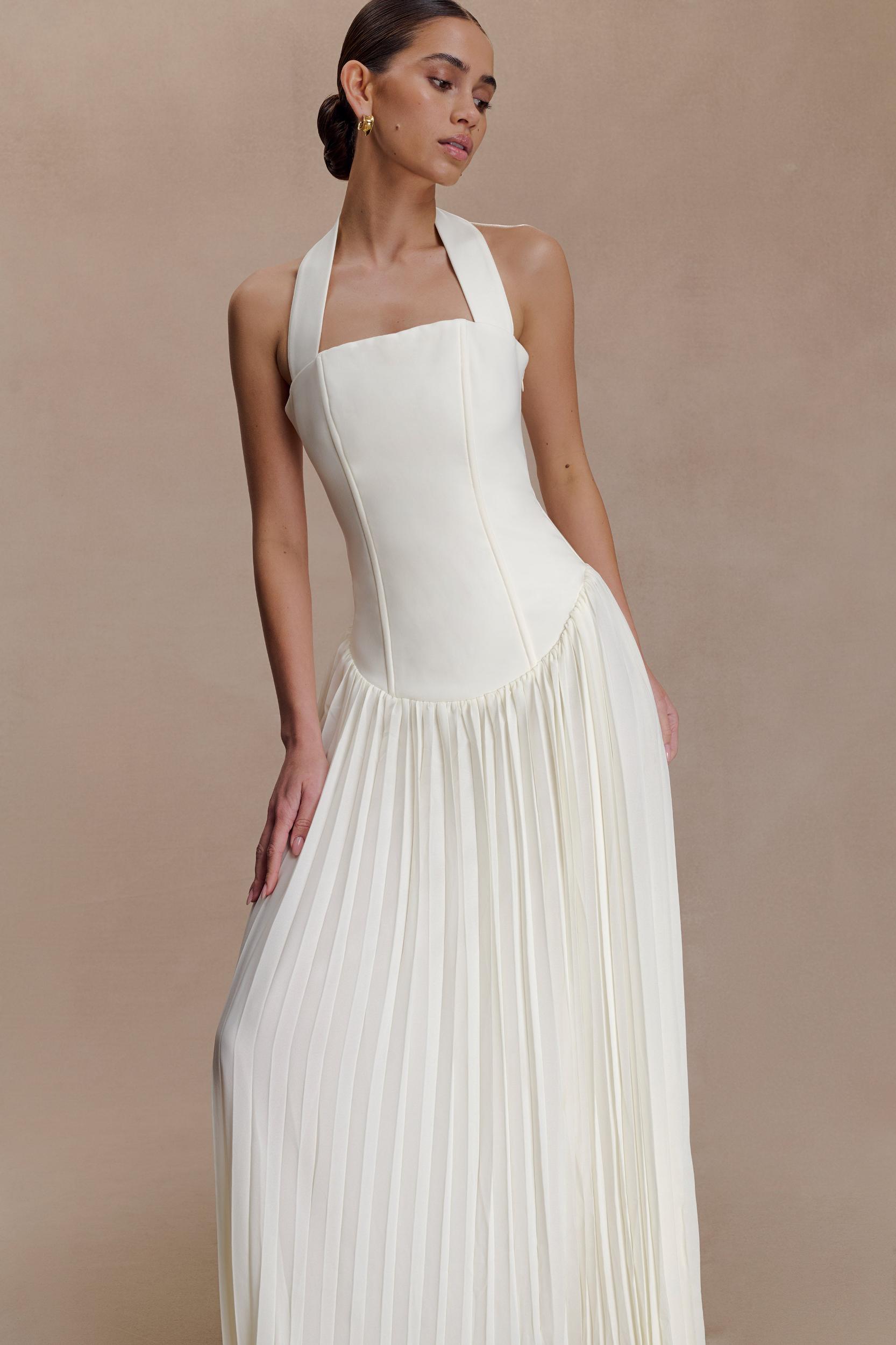 Stacie Pleated Halter Maxi Dress - Ivory Product Image