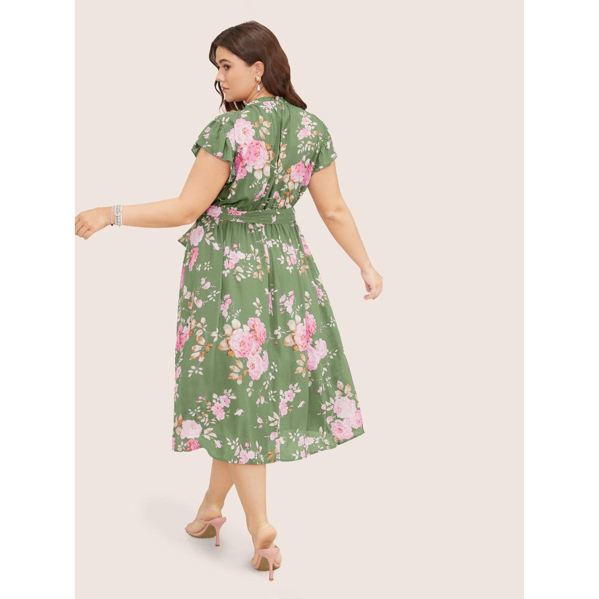 Plus Size Floral Frill Trim Mock Neck Pocket Ruffle Belted Cap Sleeve Dress Palemauve Women Romantic Non Round Neck Short sleeve Curvy Midi Dress BloomChic 26/4X Product Image