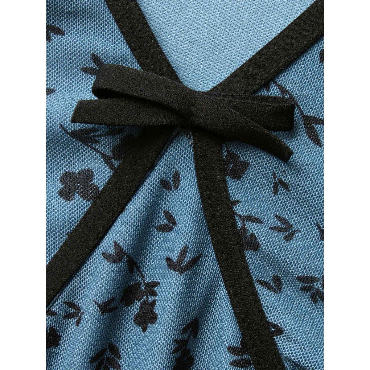 Plus Size Ditsy Floral Bowknot Patchwork Mesh Dress Cerulean Women Elegant Woven ribbon&lace trim V-neck Long Sleeve Curvy BloomChic 22-24/3X Product Image