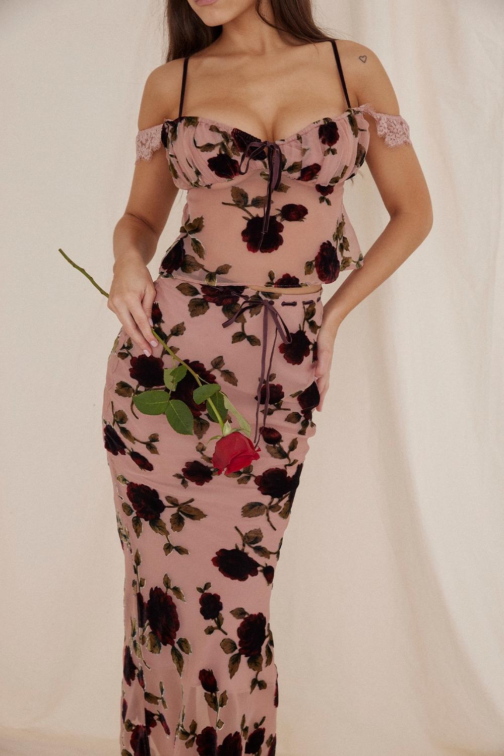 Imaan  dusty pink devore maxi skirt Product Image