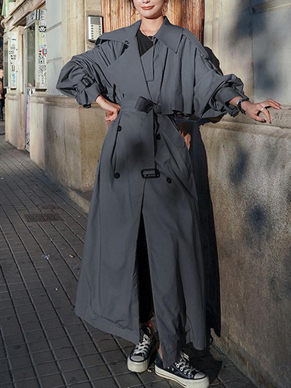 Long Sleeves Loose Buckle Buttoned Split-Back Tied Waist Lapel Outerwear Trench Coats Product Image
