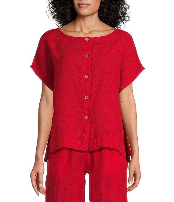 Bryn Walker Bessie Light Linen Crew Neck Cap Sleeve Boxy Button Front Shirt Product Image