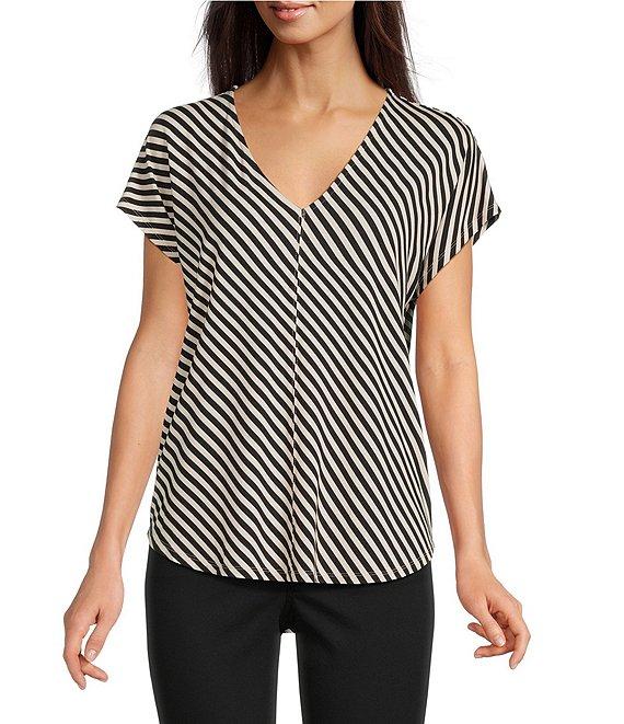 Gibson & Latimer Bias Stripe Knit V-Neck Dropped Short Sleeve Shell Shirttail Tee Shirt Product Image