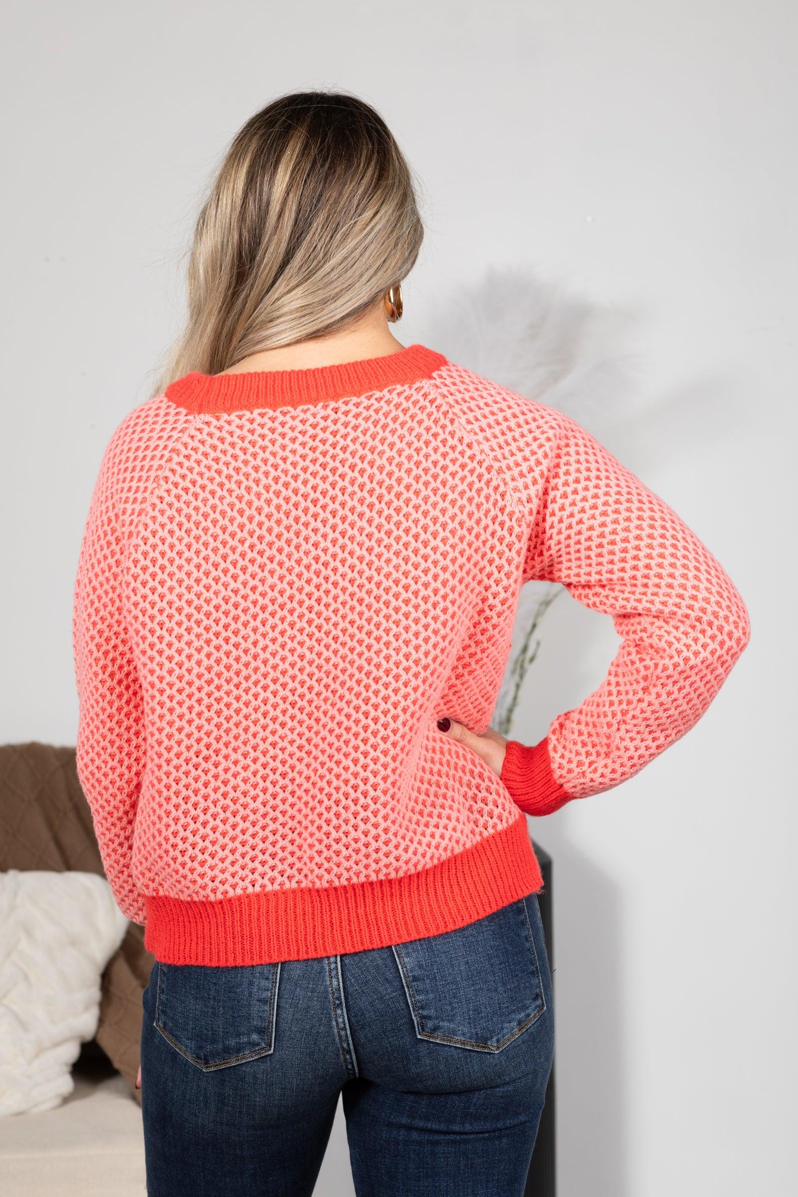 Coral Contrast Hem Waffle Knit Sweater Product Image
