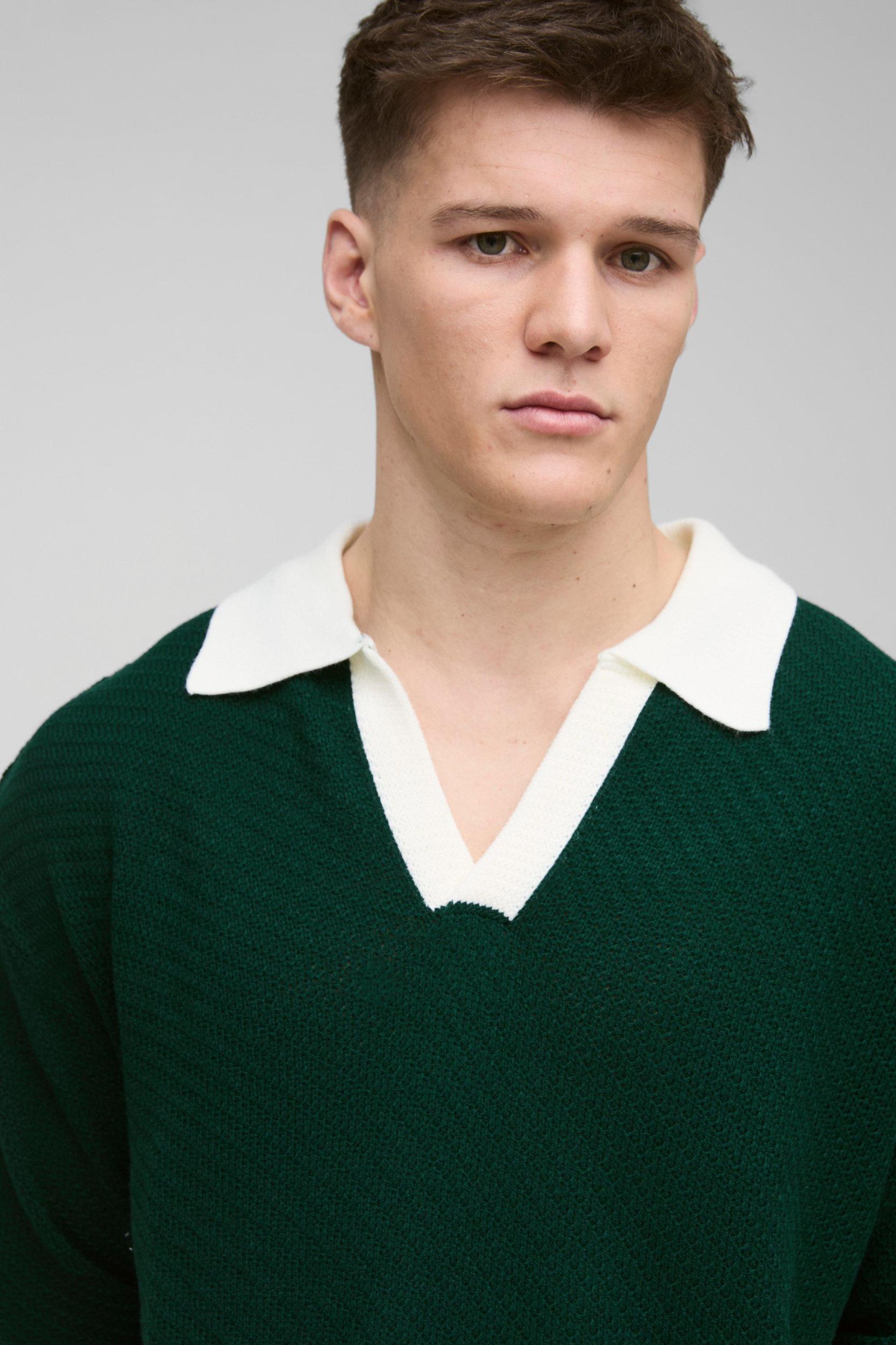 Tall Long Sleeved Oversized Contrast Collar Knitted Polo | boohooMAN USA Product Image