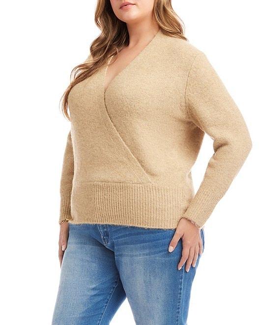 Karen Kane Plus Size Surplice V-Neck Long Sleeve Crossover Faux Wrap Knit Top Product Image