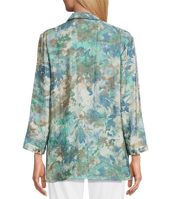 Multiples Crinkle Woven Printed Point Collar 3/4 Cinched Roll Tab Cuff Sleeve Button Front Shirt Product Image