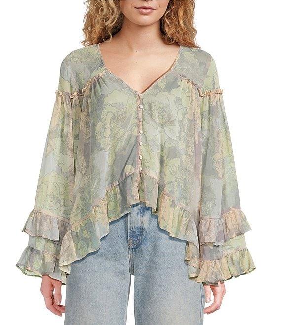 Free People Day Dreaming Floral Print V-Neck Long Sleeve Woven Top Product Image