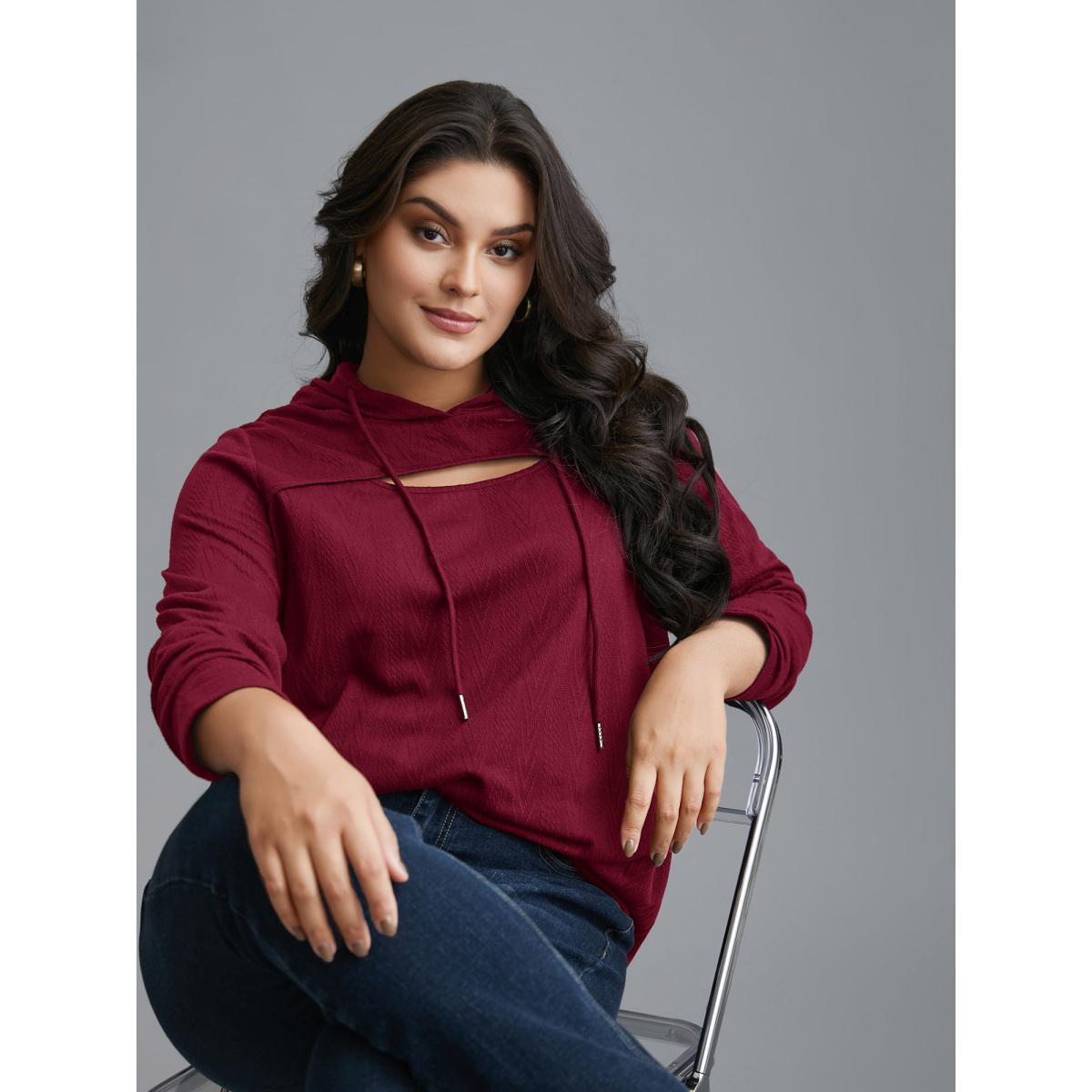 Plus Size Neck Cut-Out Elastic Textured Hoodie Women Burgundy Elegant Texture Bodycon Hooded Everyday Sweatshirts BloomChic 10/M Product Image