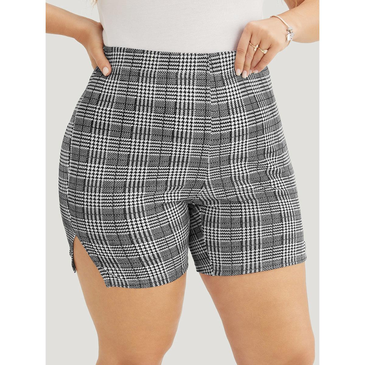 Plus Size Houndstooth & Plaid Split Hem Leggings Women Black Elegant High stretch Skinny Mid Rise Dailywear Leggings BloomChic 12/L Product Image