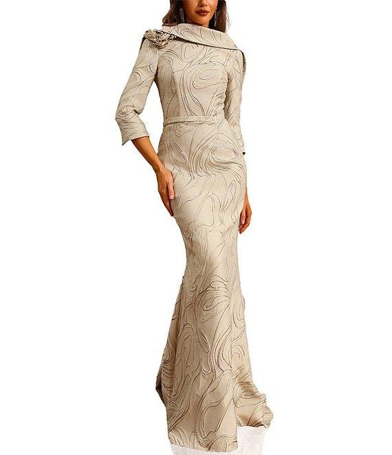 Terani Couture Cowl Back 3/4 Sleeves Jacquard Sheath Gown Product Image