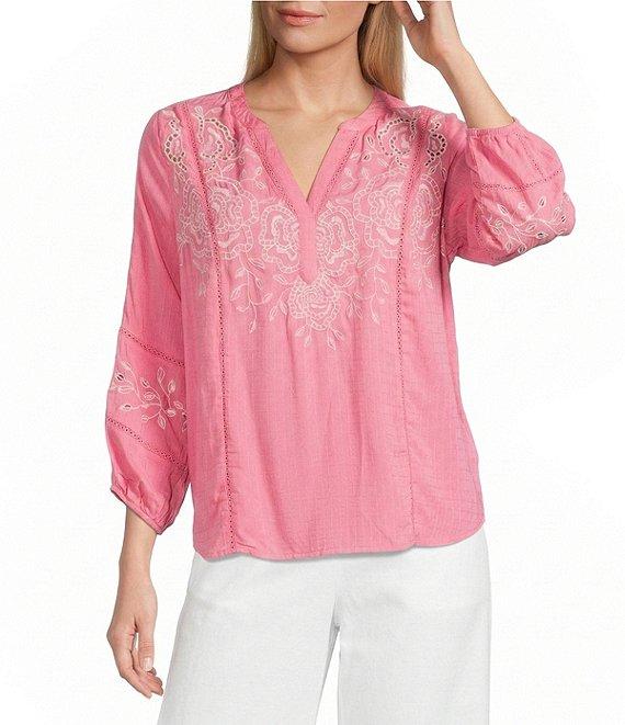 Nurture Embroidered 3/4 Sleeve V-Neck Placket Top Product Image
