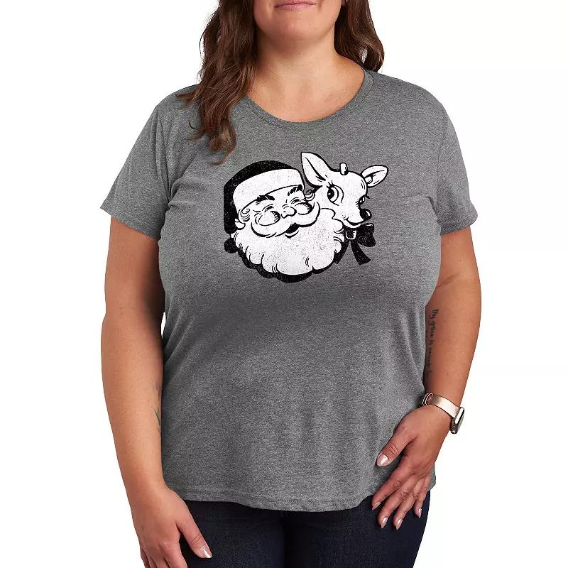 Plus Size Santa & Reindeer Holiday Graphic Tee, Womens Grey Gray Product Image