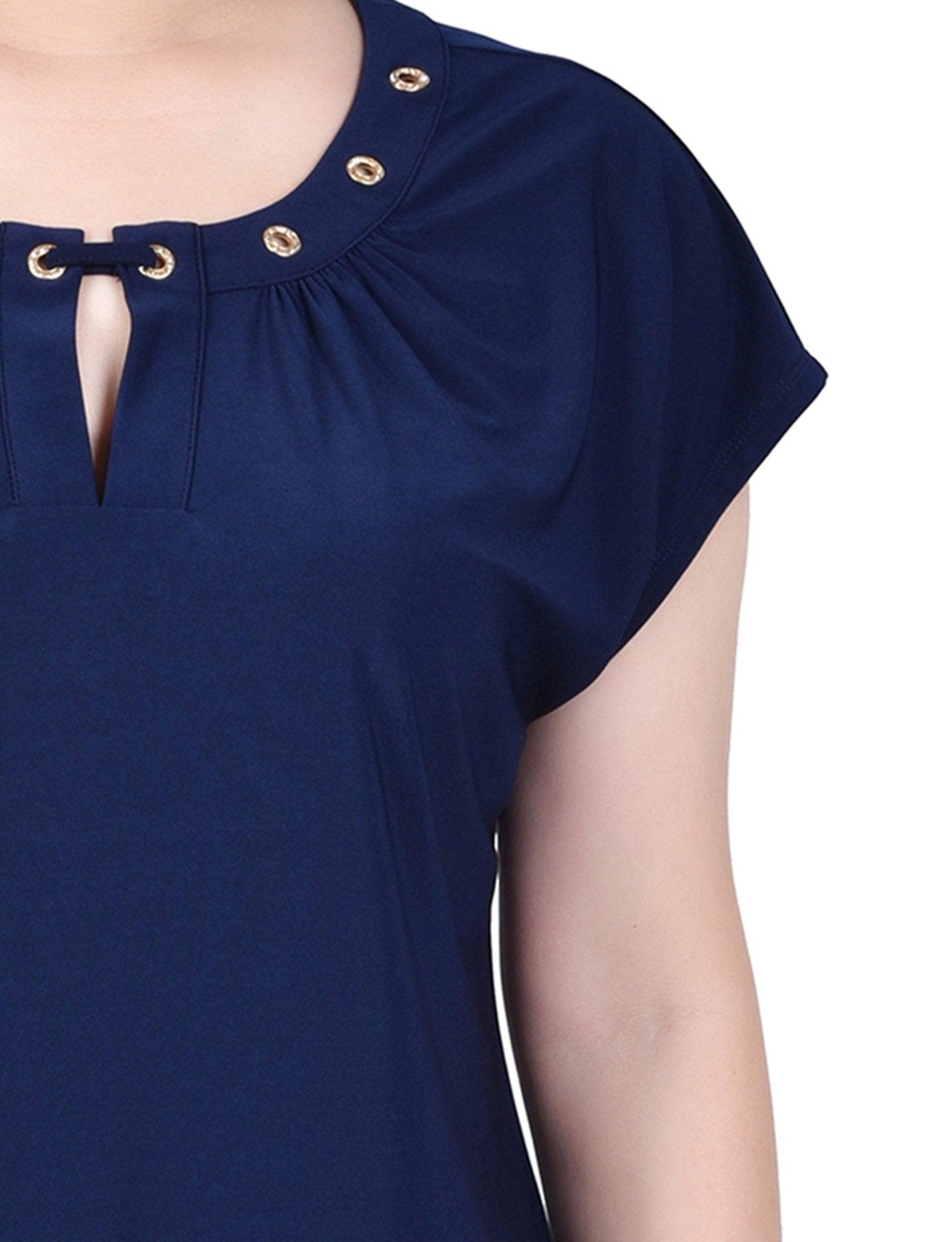 Navy Short Extended-Sleeve Grommet Neck Knit Top - Petite Product Image