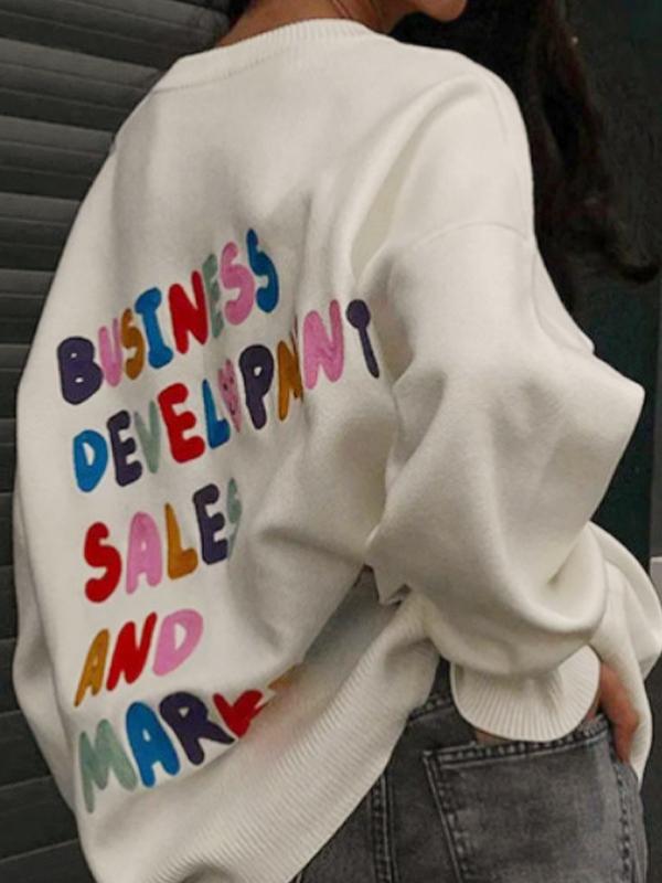 Contrast Color Letter Jacquard Crew Neck Sweater Product Image